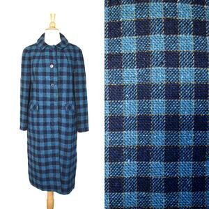 Vintage 60s Pendleton Turquoise Navy Blue Yellow Checkered Plaid Long Wool Coat
